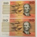 AUSTRALIA 1993 . TWENTY 20 DOLLARS BANKNOTES . FRASER/EVANS . CONSECUTIVE FOUR . LAST PREFIX ADK